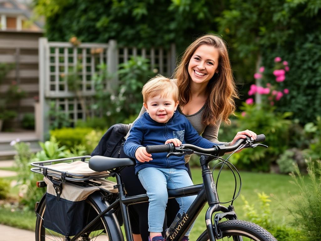Een moeder en kind op een fiets
